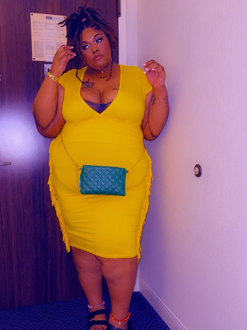 SHEIN Yellow Fringe V‑Neck Midi Dress